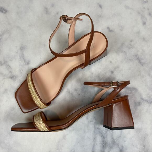 J. Crew Layne Cognac Brown Leather + Raffia Square Toe Block Heel Sandals - Picture 2 of 10